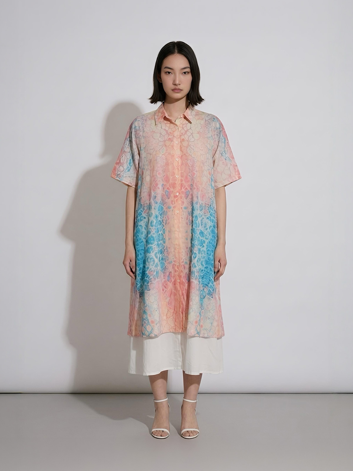 Marble Print Shirt Dress (Peach Aqua)