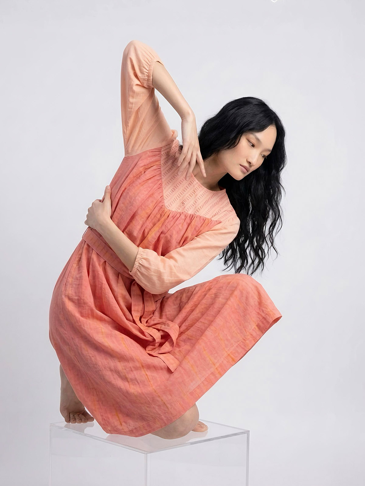 Tie Dye Yoke Dress (Coral) - Image 5